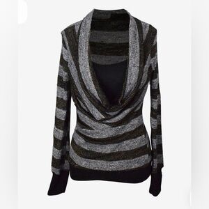 Ginger G Black and Silver Striped Cowl Neck Sweater- NWOT L